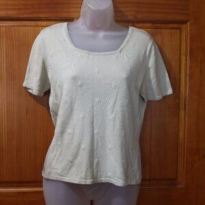 Wasserman Vintage Cream Silk Cotton Knit Top Short Sleeve Beaded Floral M